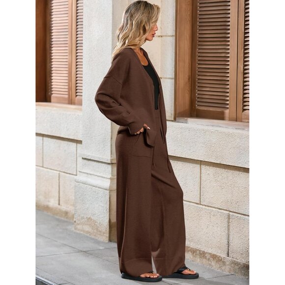 Womens 2 Piece Sweater Set Oversized Tie Front Cardigan Elastic Pants Lounge - Picture 4 of 7